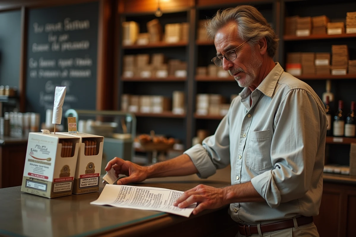 Homme consultant les règles douanières dans un estanco espagnol avant d'acheter des cartouches de cigarettes à rapporter en France