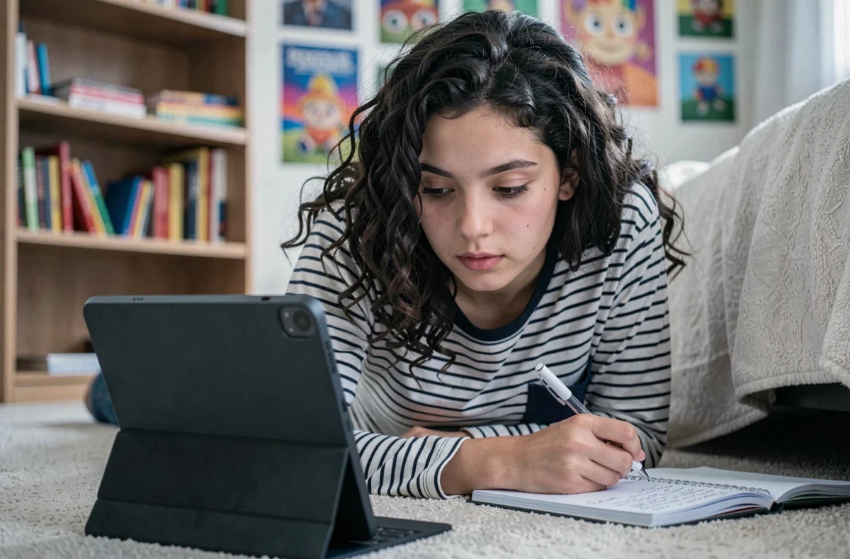 Une adolescente prend des notes en consultant des ressources éducatives fiables sur une tablette dans sa chambre