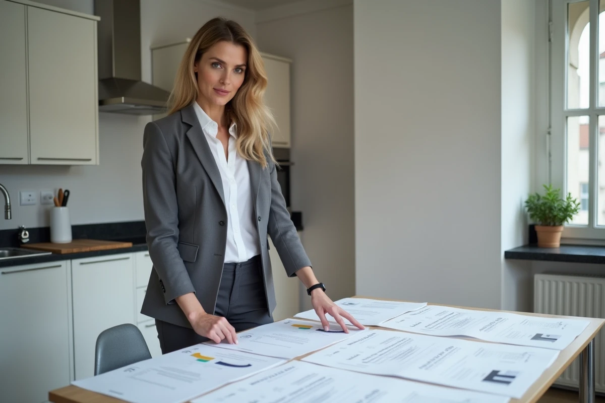 Agente immobilière présentant les diagnostics obligatoires à un vendeur dans un appartement rennais moderne