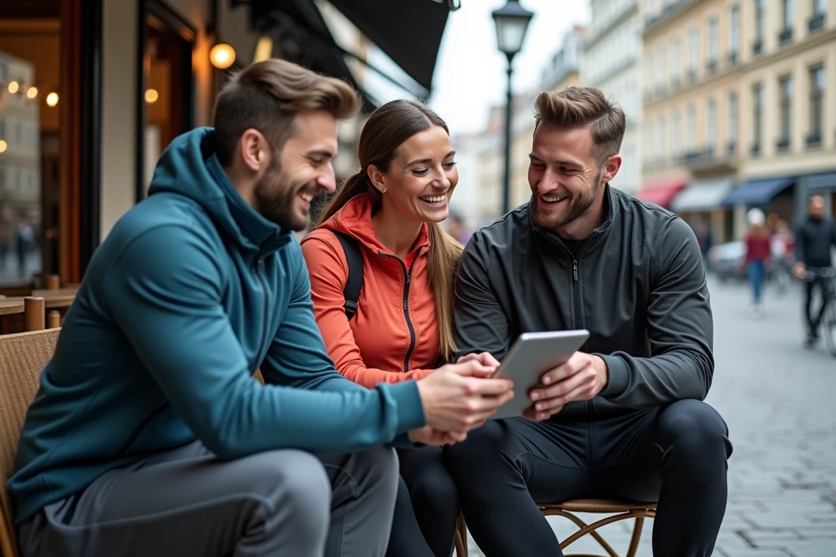 Trois amis riant avec gym bags devant un café urbain