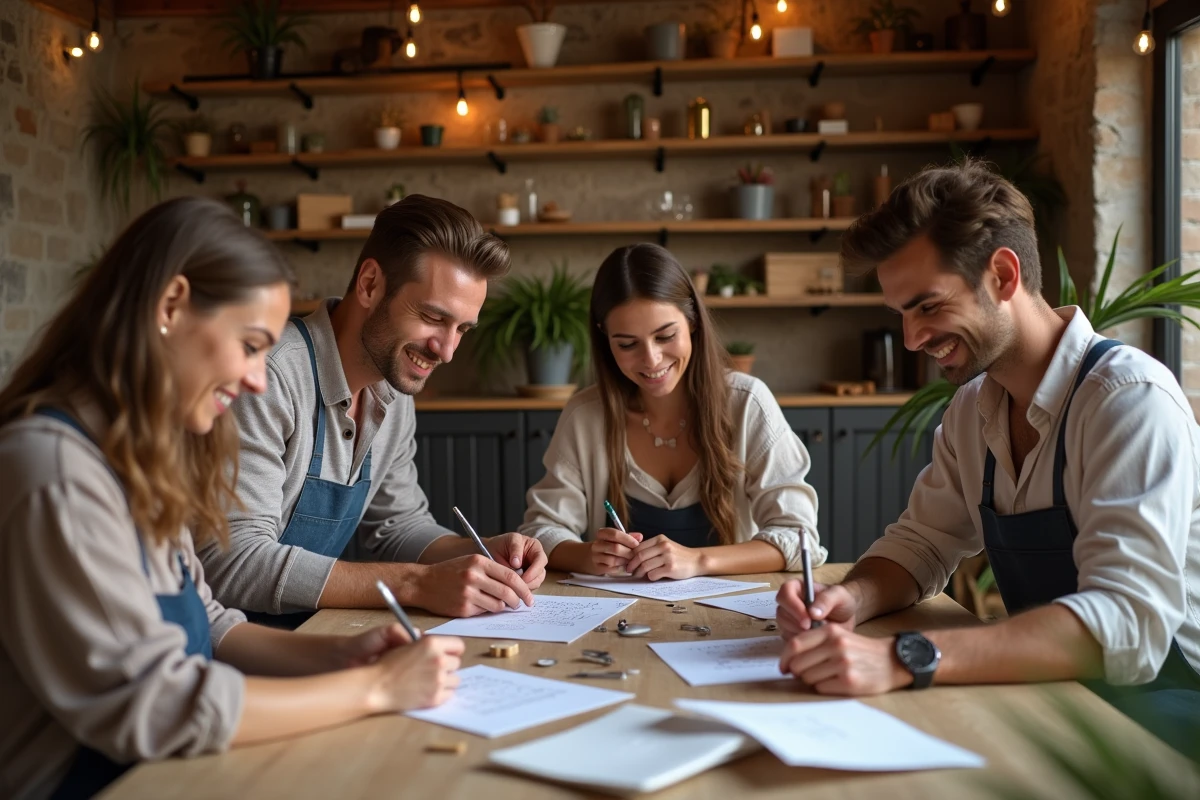 Amis créant des invitations de mariage dans une ambiance chaleureuse