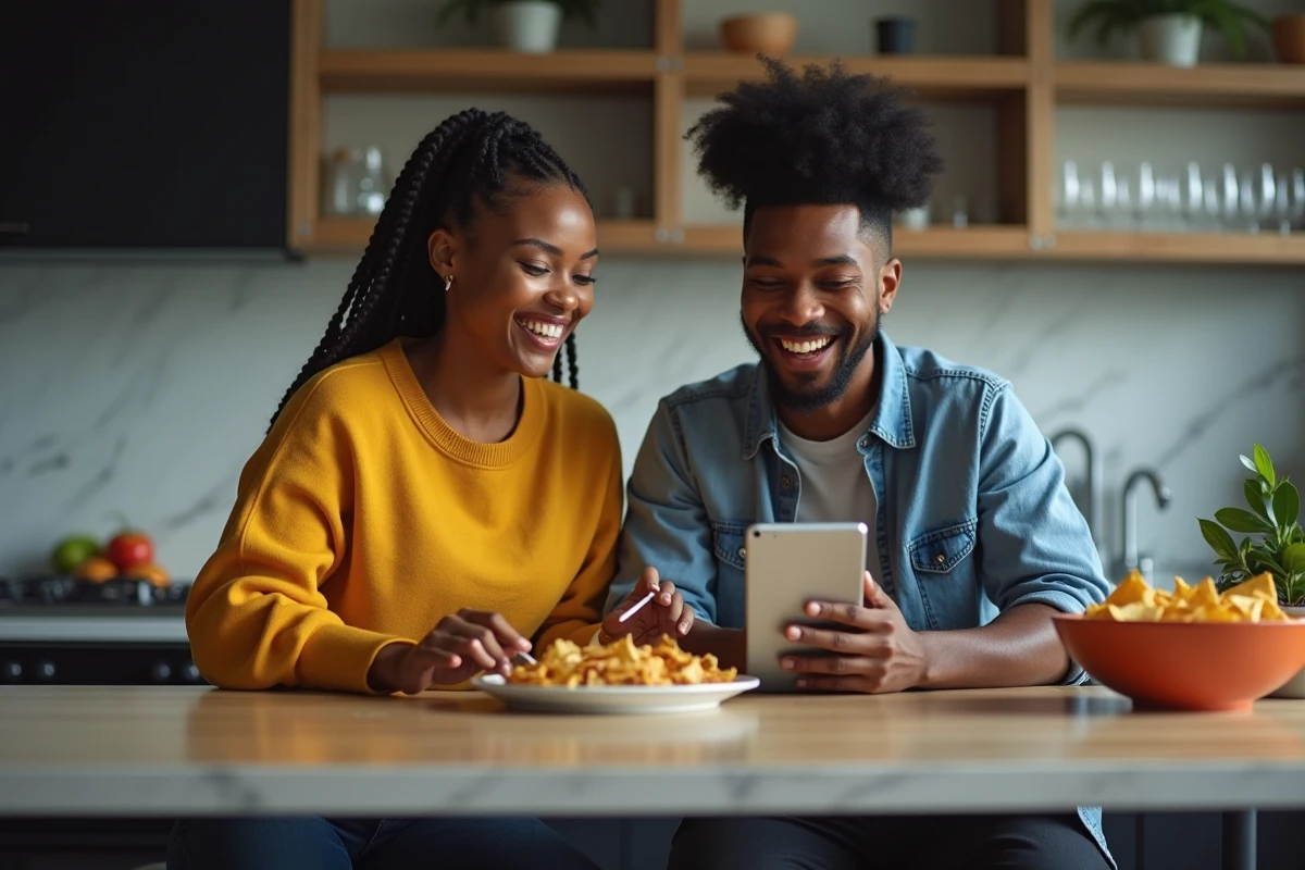Deux amis regardant un match de basketball en streaming sur une tablette dans une cuisine moderne