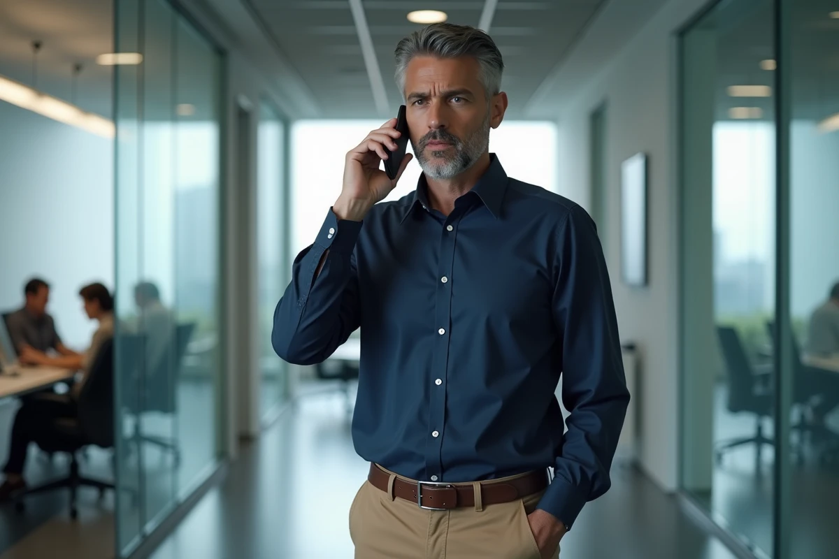 Un homme informe son employeur d'une absence pour motif familial par téléphone dans un couloir de bureau moderne