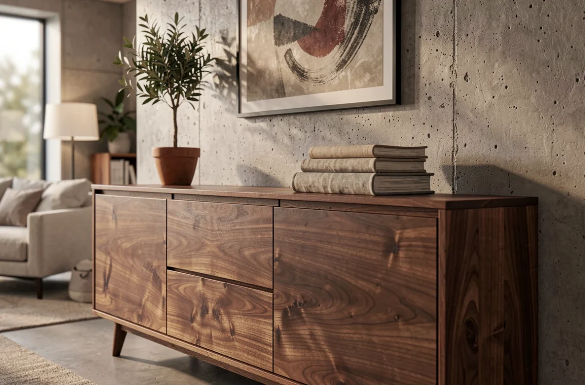 Buffet en noyer massif avec finition mate dans un salon contemporain au mur en béton brut