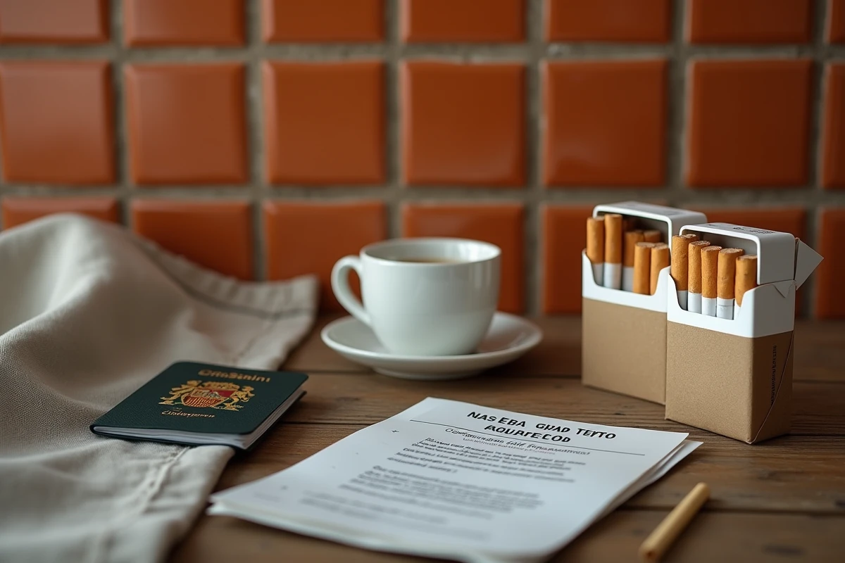 Cartouches de cigarettes, passeport européen et document douanier sur une table, règles sur la quantité de tabac autorisée depuis l'Espagne