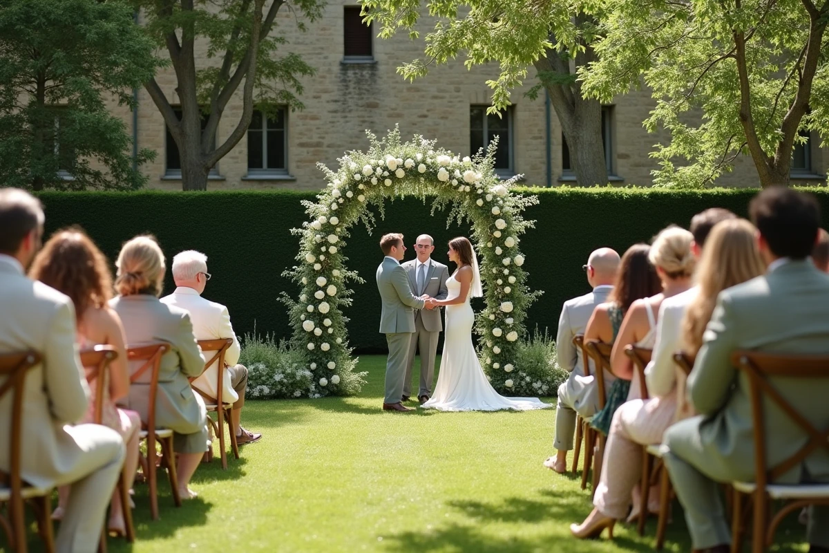Cérémonie de mariage humaniste en plein air dans un jardin de château français avec officiant et invités