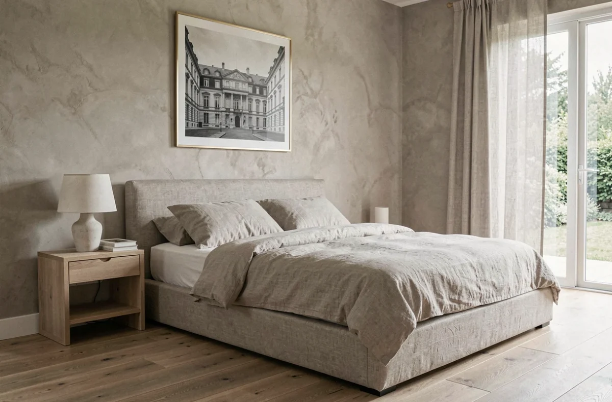 Chambre française minimaliste avec lit en lin naturel, lampe en plâtre sculptural et impression photographique encadrée en laiton