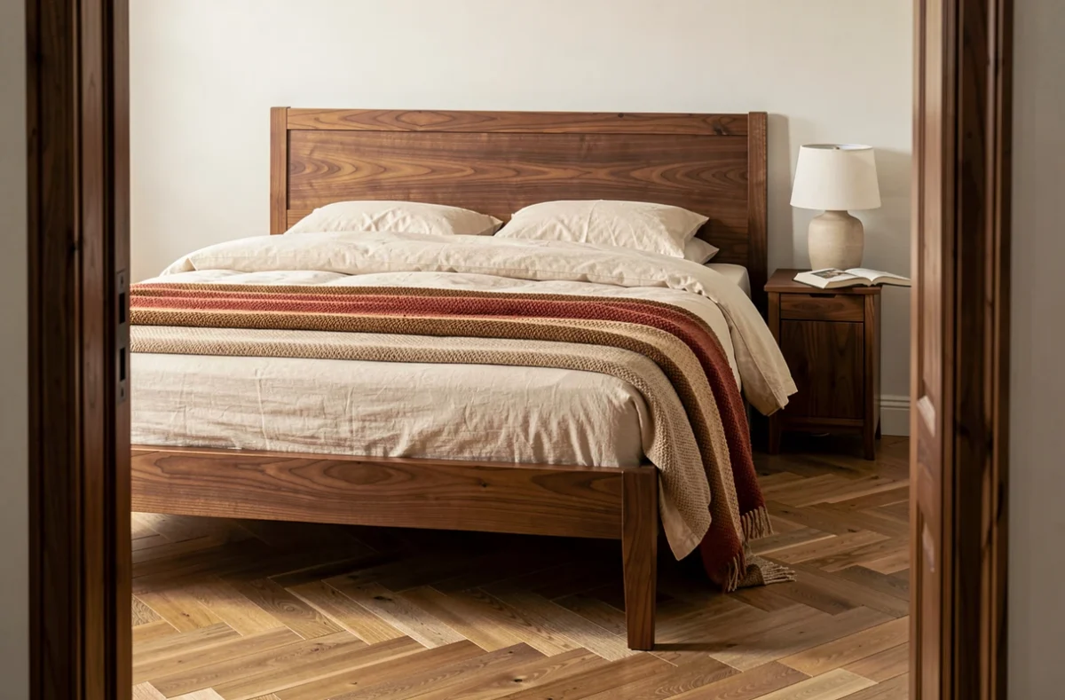 Chambre principale avec cadre de lit et table de chevet en noyer massif et literie en lin ivoire