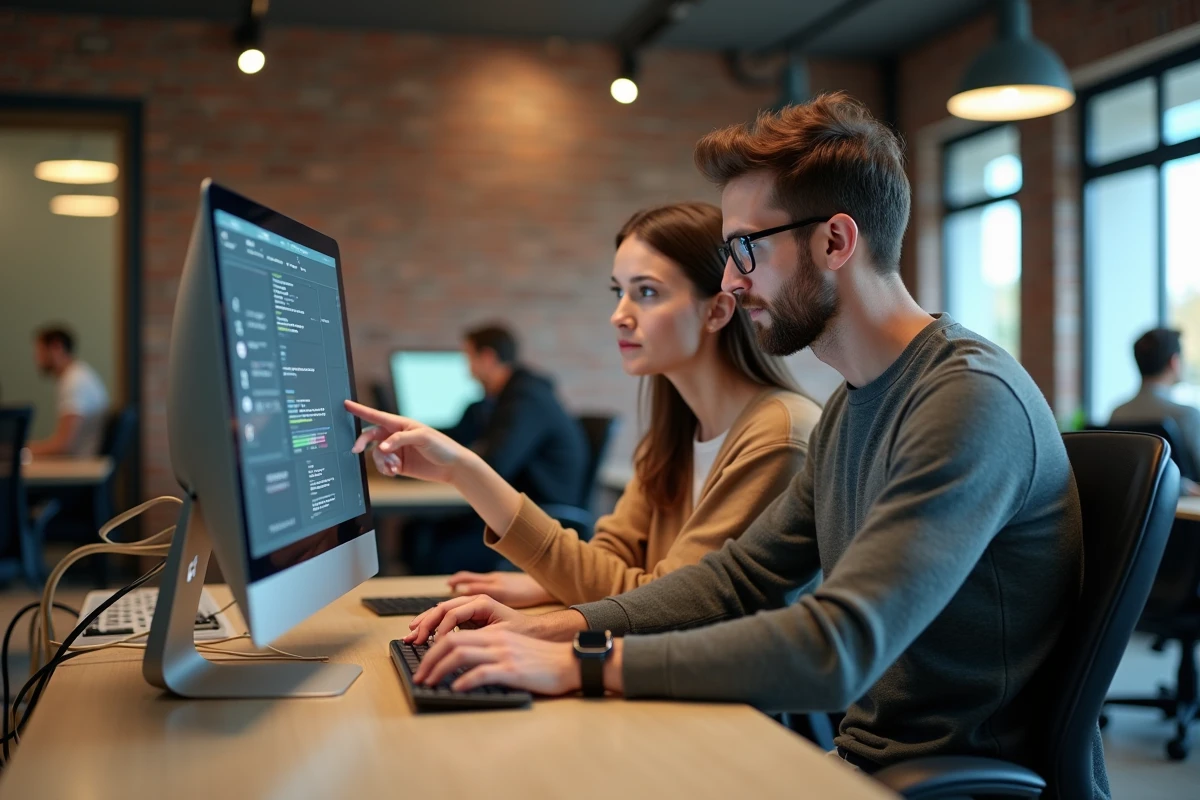 Deux collègues collaborant sur un ordinateur de bureau dans un espace de coworking moderne pour résoudre des problèmes informatiques