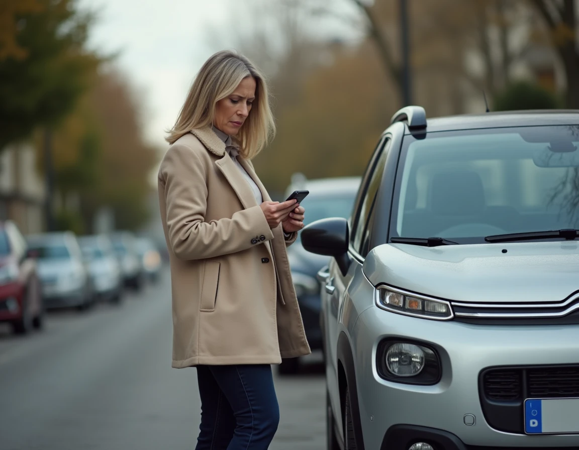 Conductrice inspectant sa Citroën C3 après l'apparition du voyant orange clé à molette