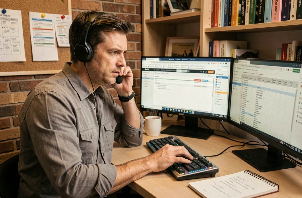 Consultant en référencement web en télétravail contactant une équipe SEO et netlinking par téléphone