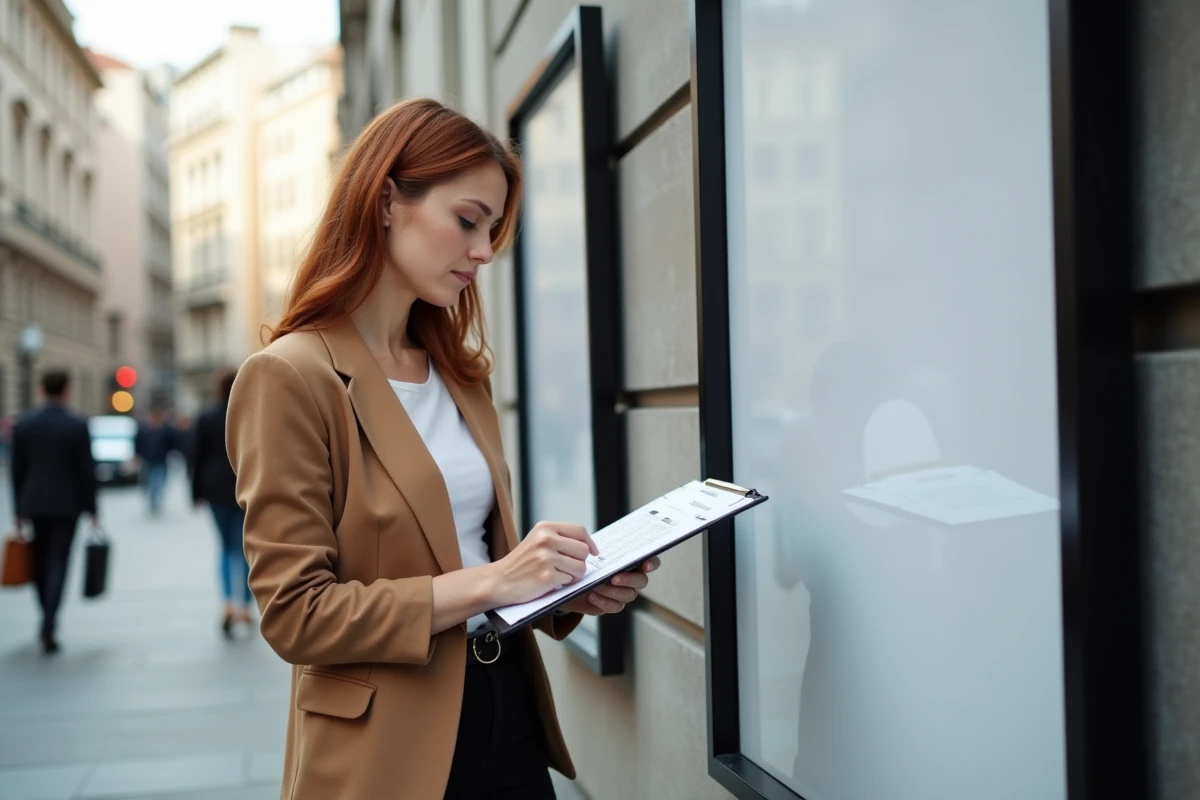 Coordinatrice événementielle consultant un document de formats d'affiches devant un cadre publicitaire urbain