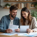Jeune couple en cuisine examine documents de prêt immobilier