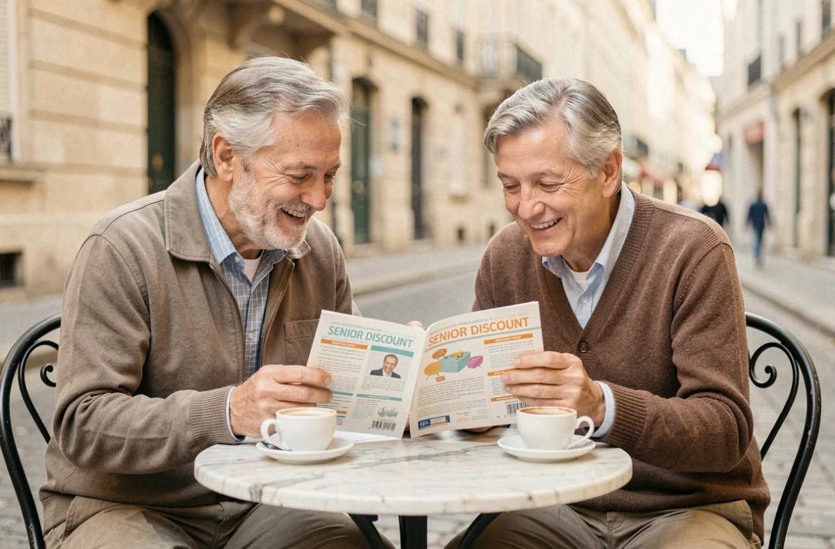 Couple de seniors consultant un dépliant sur les avantages de la carte senior gratuite en terrasse de café