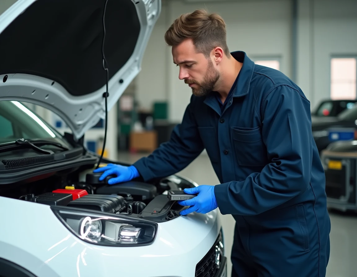 Mécanicien branchant un scanner OBD sur une Citroën C3 pour diagnostiquer le voyant clé à molette