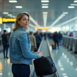 Voyageuse passant la douane dans un aéroport espagnol avec ses bagages, illustration des règles douanières pour le retour d'Espagne