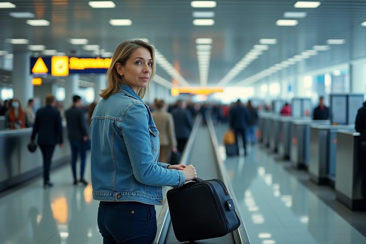 Voyageuse passant la douane dans un aéroport espagnol avec ses bagages, illustration des règles douanières pour le retour d'Espagne