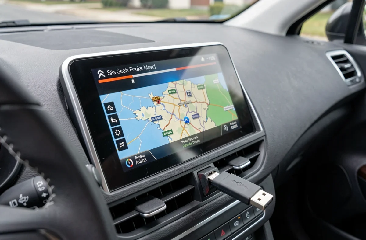 Écran GPS Citroën C4 affichant une barre de progression de mise à jour cartographique avec clé USB branchée