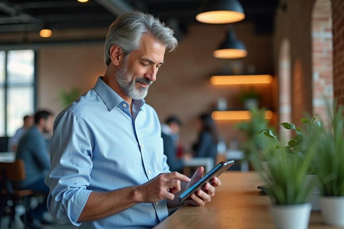 Entrepreneur utilisant une solution B2B numérique sur tablette dans un espace de coworking moderne
