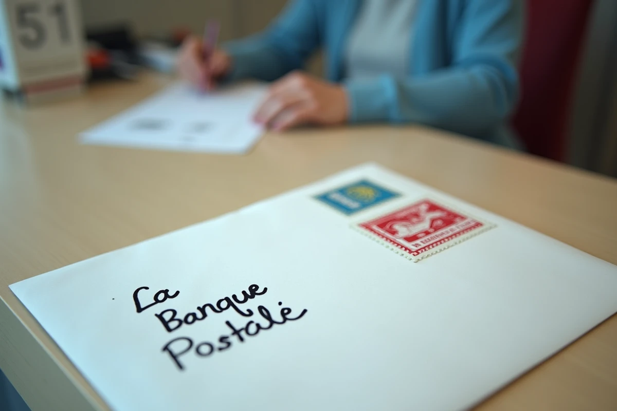 Gros plan d'une enveloppe affranchie adressée à La Banque Postale posée sur un comptoir de bureau de poste