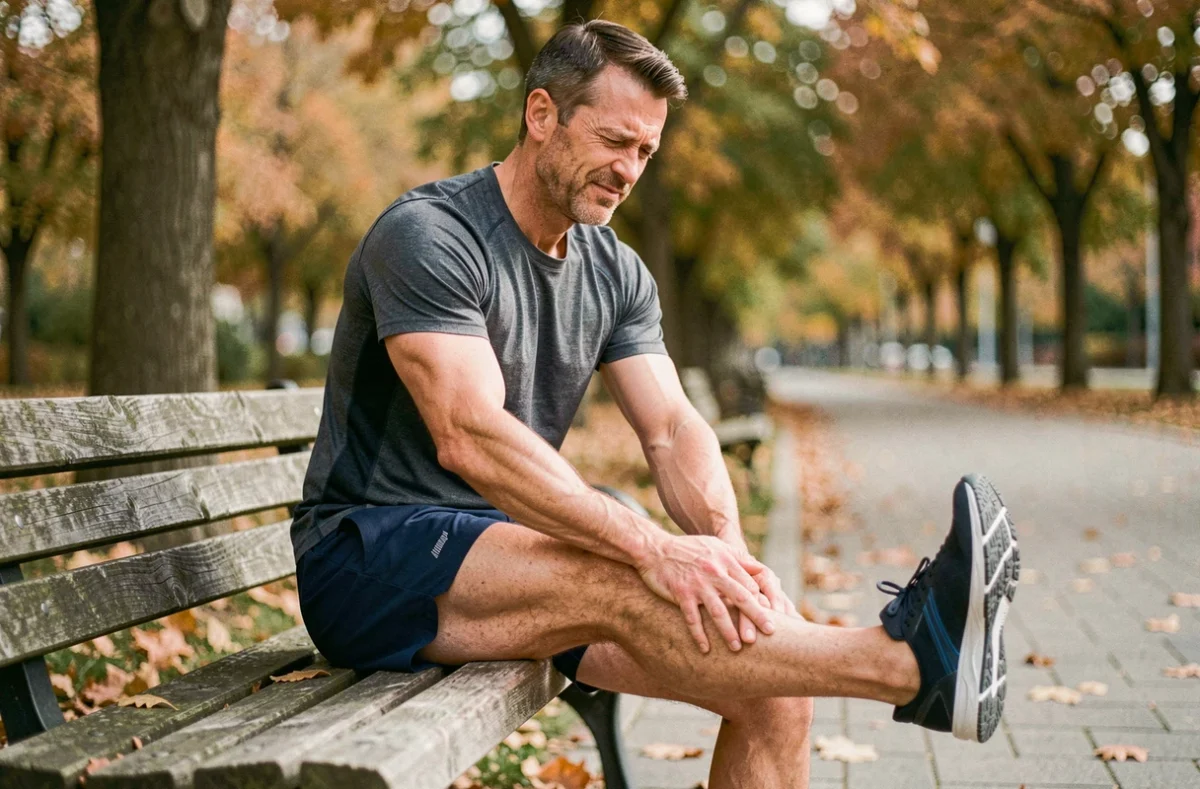 Homme en tenue de sport effectuant un étirement du mollet assis sur un banc de parc pour soulager une crampe