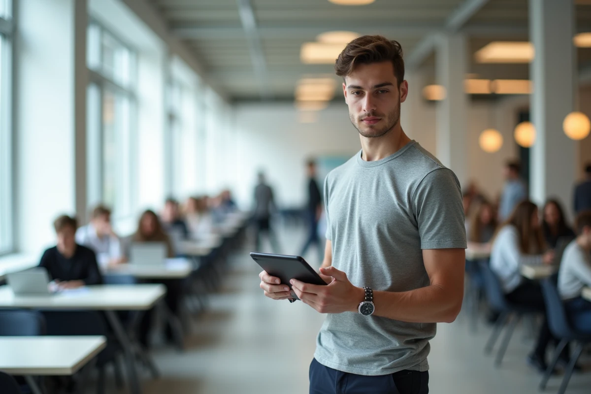Étudiant consultant une plateforme ENT sur tablette dans un espace de coworking universitaire