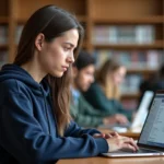 Étudiante connectée à un portail scolaire sur ordinateur portable dans une bibliothèque universitaire