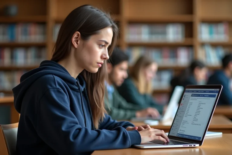 Étudiante connectée à un portail scolaire sur ordinateur portable dans une bibliothèque universitaire