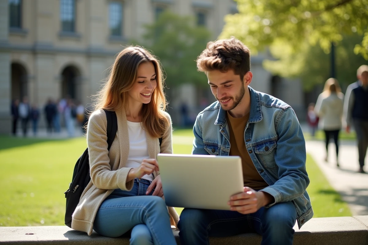 Deux étudiants comparant des plateformes scolaires numériques sur un ordinateur portable en extérieur sur un campus