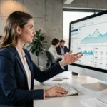 Experte en référencement SEO présentant des données de netlinking sur un écran dans une agence digitale moderne