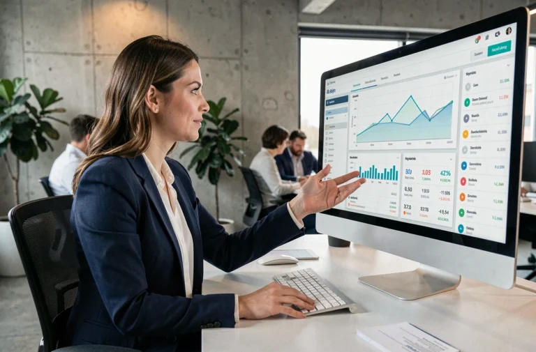 Experte en référencement SEO présentant des données de netlinking sur un écran dans une agence digitale moderne