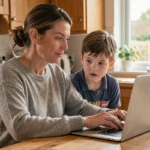 Une mère et son fils recherchent ensemble des ressources fiables en ligne sur un ordinateur portable dans leur cuisine