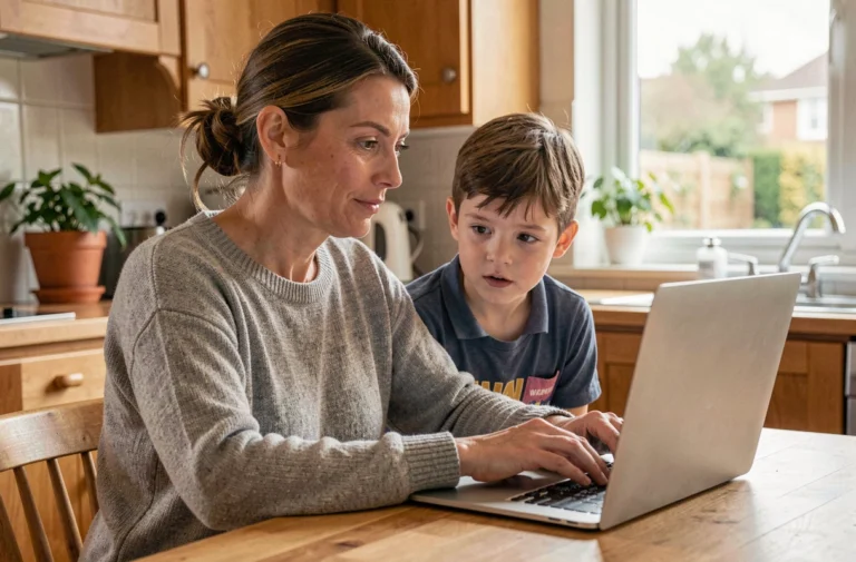 Une mère et son fils recherchent ensemble des ressources fiables en ligne sur un ordinateur portable dans leur cuisine