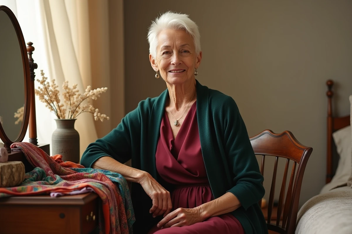 Femme de plus de 60 ans associant foulards colorés et tenues élégantes devant une coiffeuse vintage
