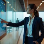 Femme d'affaires présentant des graphiques de croissance B2B sur un écran numérique dans une salle de conférence moderne