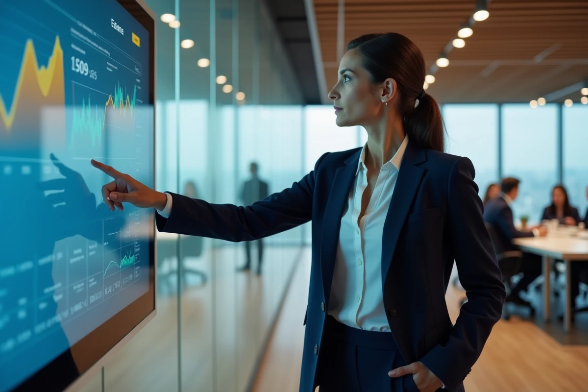 Femme d'affaires présentant des graphiques de croissance B2B sur un écran numérique dans une salle de conférence moderne