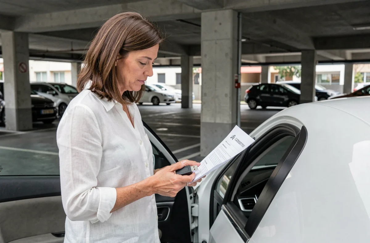 Femme tenant une clé USB pour mettre à jour le GPS de sa Citroën C4 dans un parking souterrain
