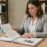 Femme consultant un exemplier dans un bureau éditorial moderne, illustrant l'utilisation d'un recueil d'exemples de textes