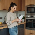Femme d'âge moyen dans une cuisine moderne regarde une facture