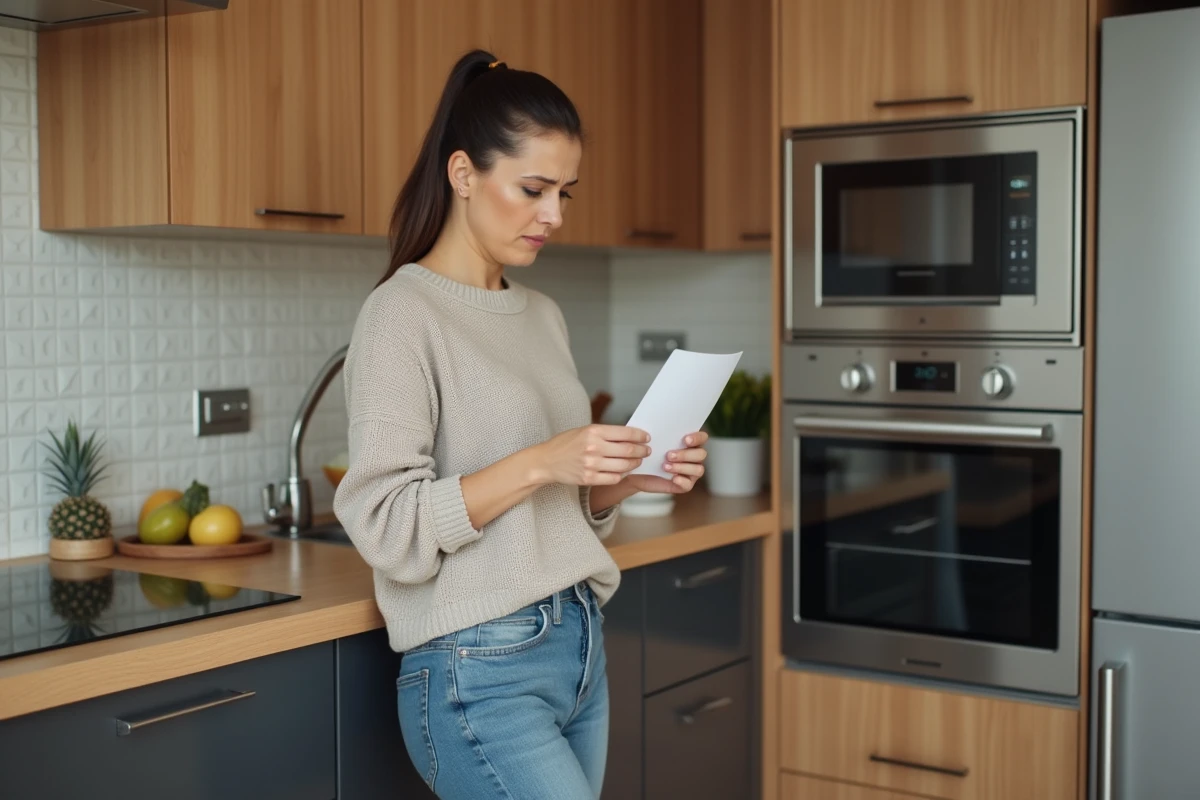 Femme d'âge moyen dans une cuisine moderne regarde une facture