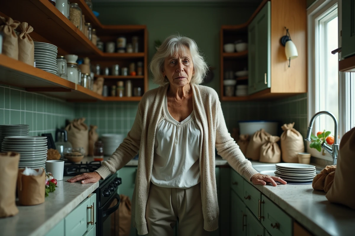 Femme d'âge moyen en détresse dans une cuisine surchargée d'objets accumulés, évoquant la souffrance psychologique liée au trouble de la syllogomanie