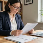 Femme professionnelle examinant un dossier de location immobilière avec des documents administratifs étalés sur un bureau en bois