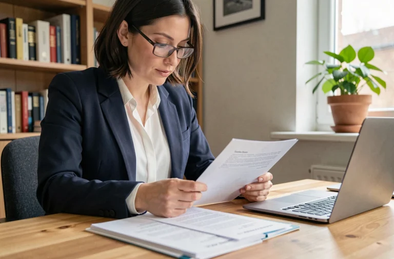 Femme professionnelle examinant un dossier de location immobilière avec des documents administratifs étalés sur un bureau en bois