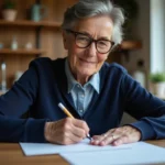 Femme écrivant une lettre adressée à La Banque Postale à une table en bois, tenant une enveloppe blanche