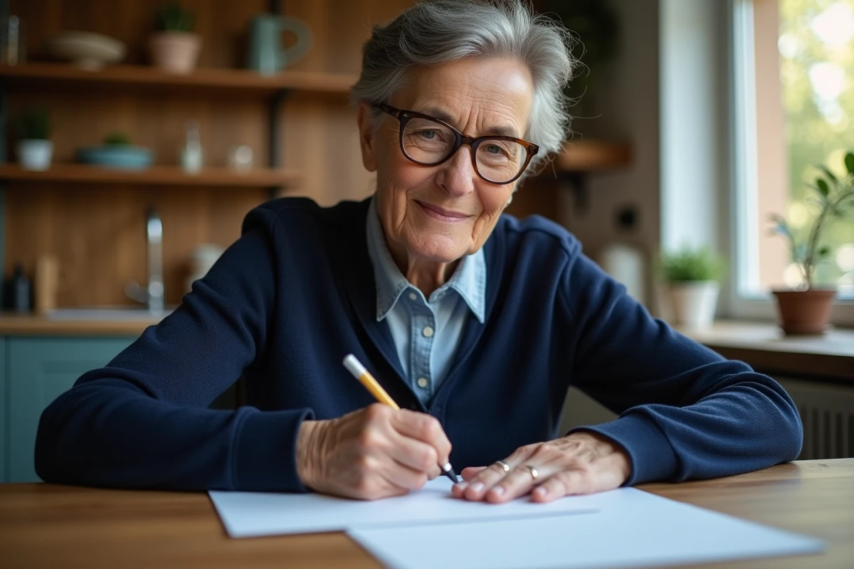 Femme écrivant une lettre adressée à La Banque Postale à une table en bois, tenant une enveloppe blanche