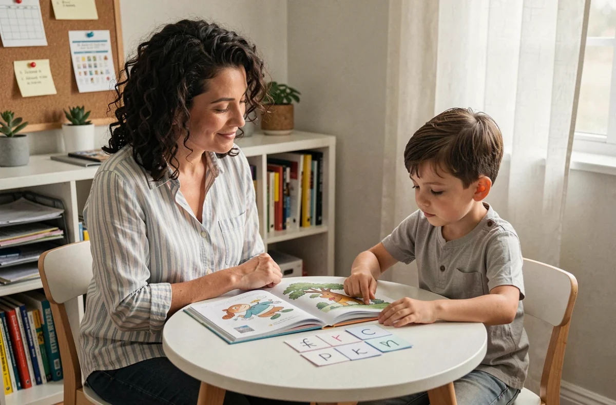 Femme accompagnant un enfant dans la lecture et l'écriture au coin bureau de la maison