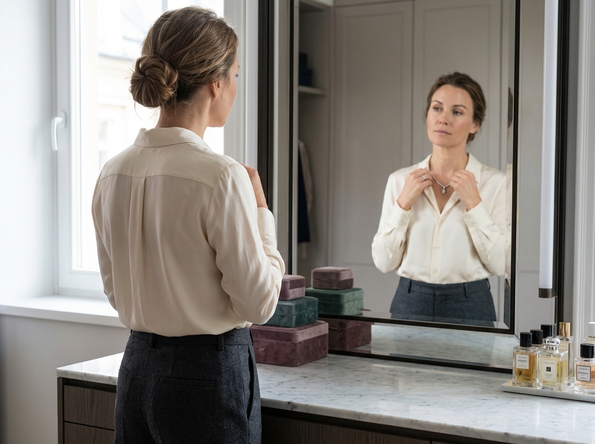 Femme élégante portant un collier en diamant dans un dressing moderne