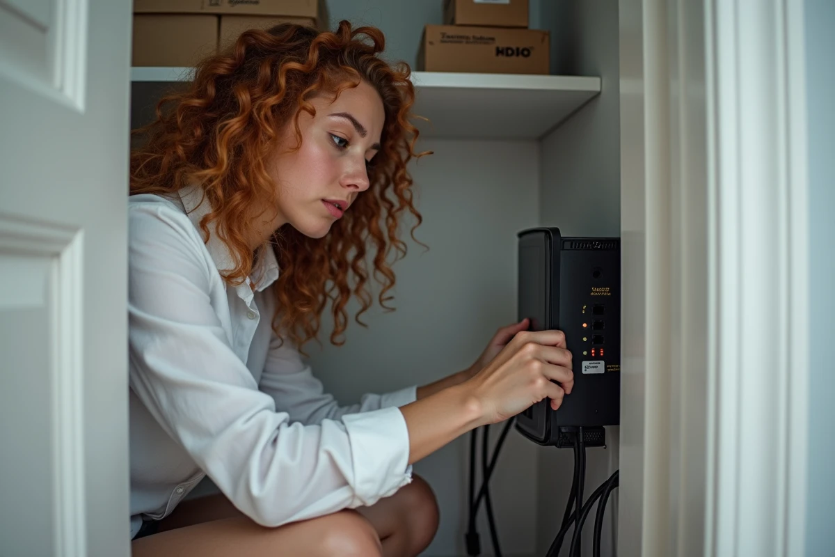 Femme organisant les câbles réseau d'un modem et routeur dans un placard technique à domicile