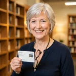 Femme senior souriante tenant une carte senior gratuite dans une bibliothèque moderne