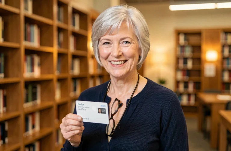 Femme senior souriante tenant une carte senior gratuite dans une bibliothèque moderne